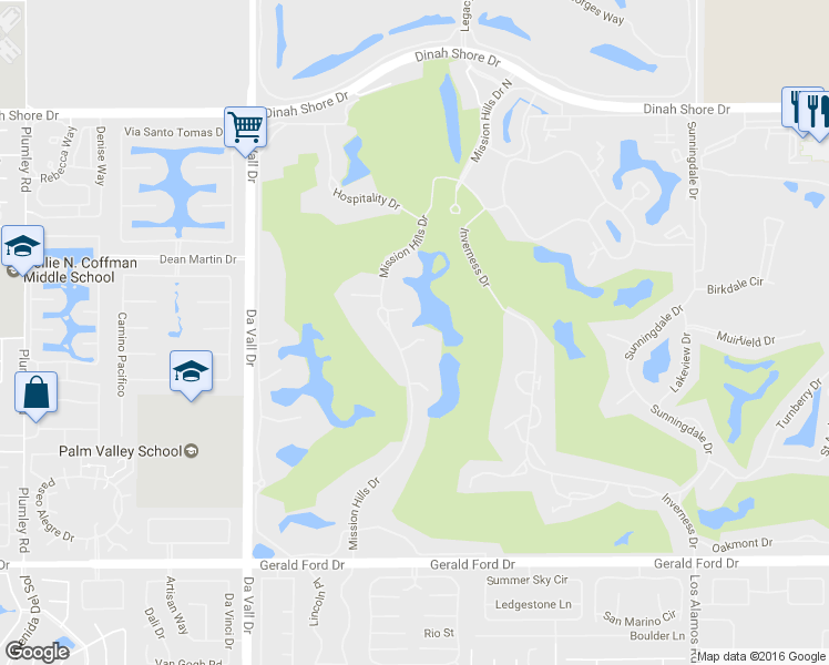 map of restaurants, bars, coffee shops, grocery stores, and more near 34870 Mission Hills Drive in Rancho Mirage