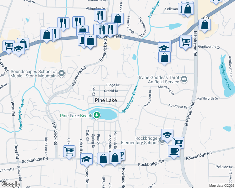 map of restaurants, bars, coffee shops, grocery stores, and more near 4648 Orchid Drive in Pine Lake