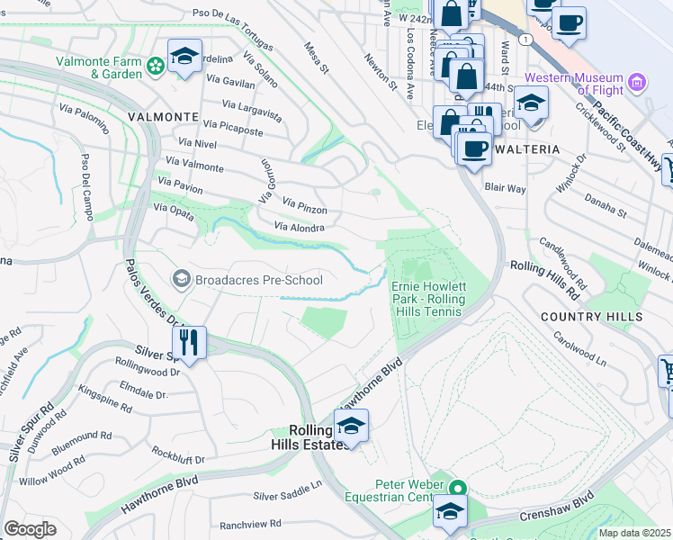 map of restaurants, bars, coffee shops, grocery stores, and more near 4515 Sugarhill Drive in Rolling Hills Estates