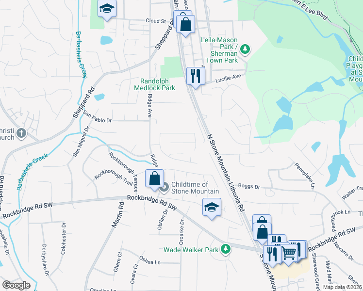 map of restaurants, bars, coffee shops, grocery stores, and more near 5365 Ridgemere Court in Stone Mountain