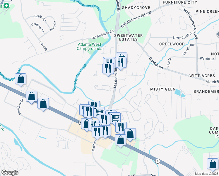 map of restaurants, bars, coffee shops, grocery stores, and more near 393 Maxham Road in Austell