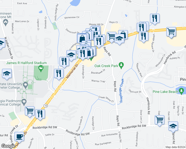 map of restaurants, bars, coffee shops, grocery stores, and more near 4079 Blackhawk Drive in Stone Mountain
