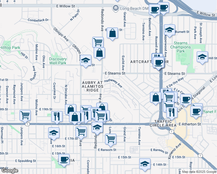 map of restaurants, bars, coffee shops, grocery stores, and more near 3472 Hathaway Avenue in Long Beach