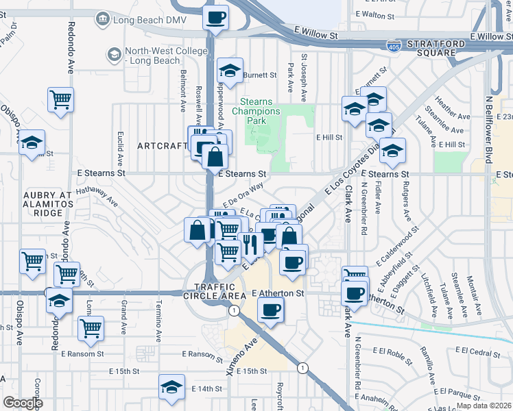 map of restaurants, bars, coffee shops, grocery stores, and more near 4428 East Lavante Street in Long Beach