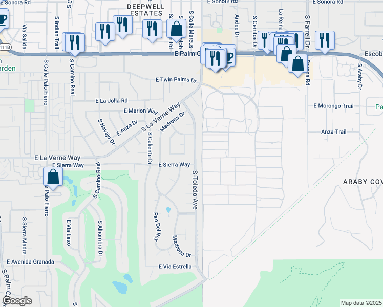 map of restaurants, bars, coffee shops, grocery stores, and more near 2045 South Toledo Avenue in Palm Springs