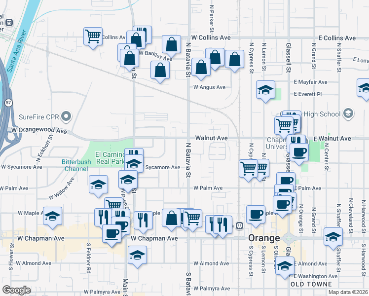 map of restaurants, bars, coffee shops, grocery stores, and more near 491 North Citrus Street in Orange