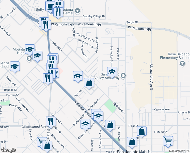 map of restaurants, bars, coffee shops, grocery stores, and more near 485 Idyllwild Drive in San Jacinto