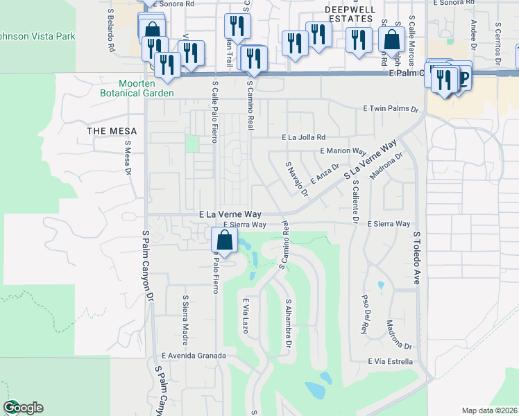 map of restaurants, bars, coffee shops, grocery stores, and more near 800 East La Verne Way in Palm Springs