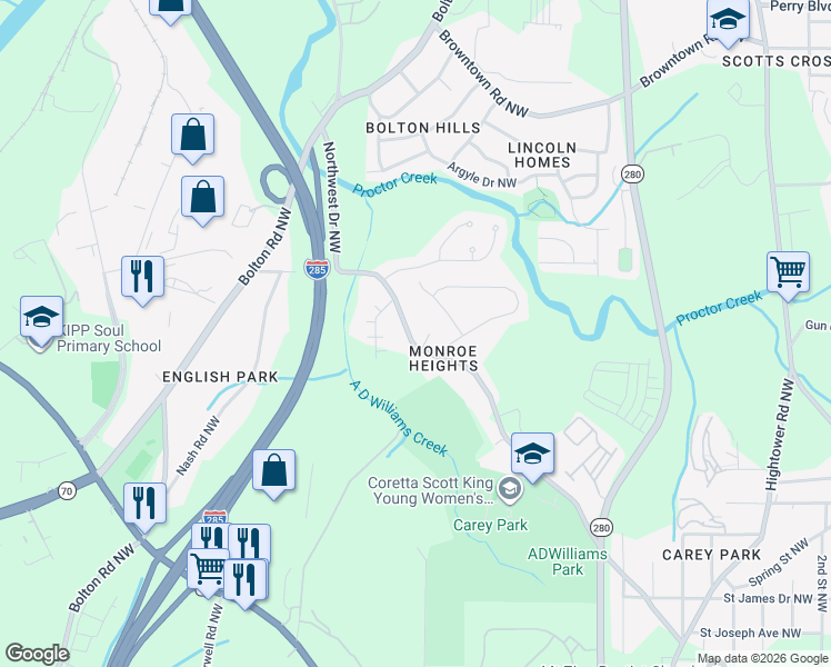 map of restaurants, bars, coffee shops, grocery stores, and more near 1456 Northwest Drive Northwest in Atlanta