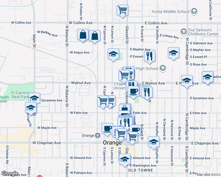 map of restaurants, bars, coffee shops, grocery stores, and more near 460 North Lemon Street in Orange