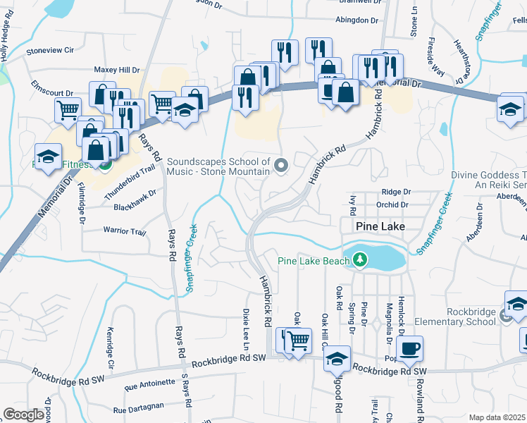 map of restaurants, bars, coffee shops, grocery stores, and more near 535 Windchase Lane in Stone Mountain