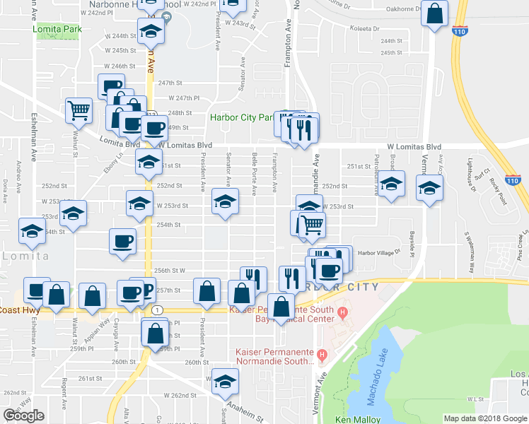 map of restaurants, bars, coffee shops, grocery stores, and more near 1344 253rd Street in Harbor City