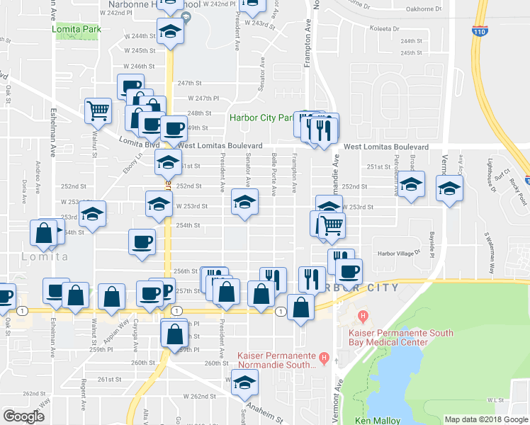 map of restaurants, bars, coffee shops, grocery stores, and more near 1414 West 253rd Street in Los Angeles