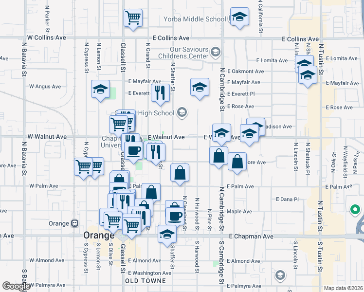 map of restaurants, bars, coffee shops, grocery stores, and more near 604 East Walnut Avenue in Orange