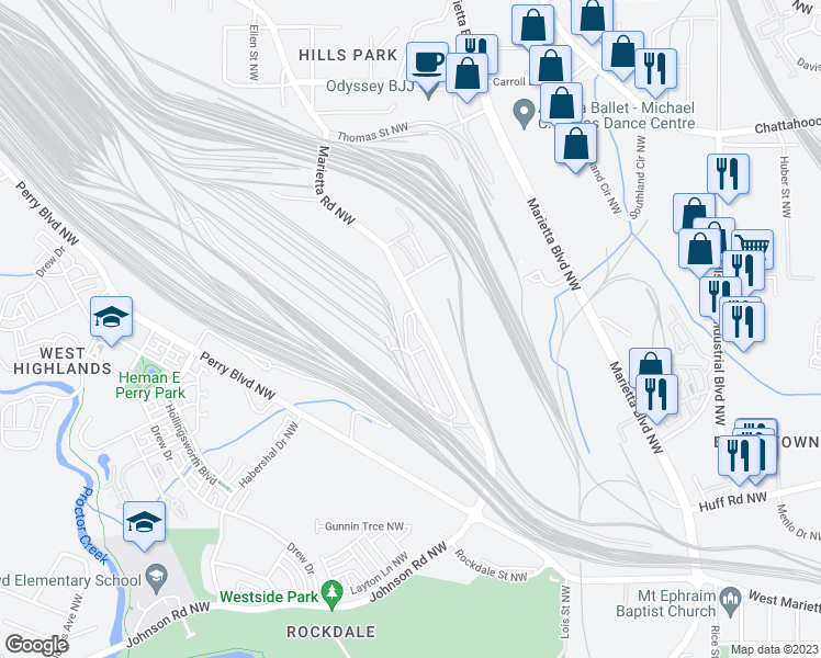 map of restaurants, bars, coffee shops, grocery stores, and more near 1600 Marietta Road Northwest in Atlanta