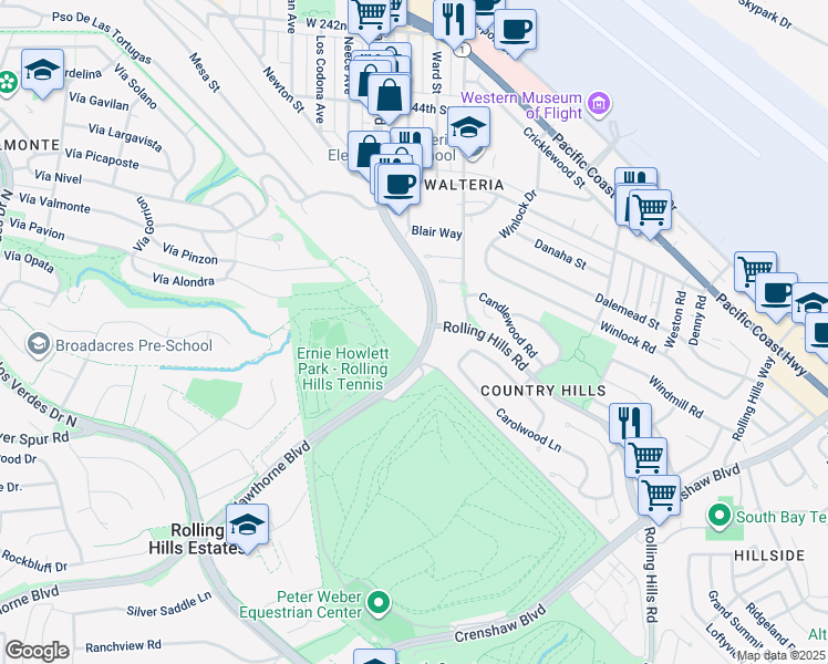 map of restaurants, bars, coffee shops, grocery stores, and more near 25535 Hawthorne Boulevard in Torrance