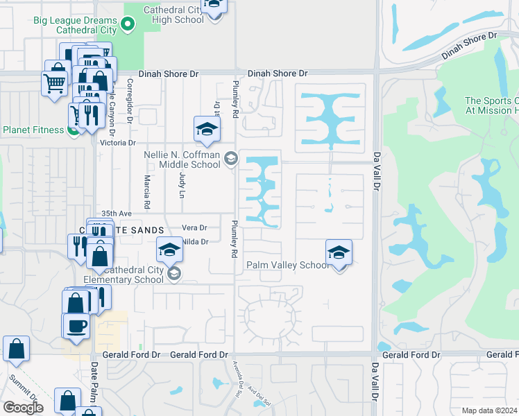 map of restaurants, bars, coffee shops, grocery stores, and more near 13 Lake Geneva Court in Rancho Mirage