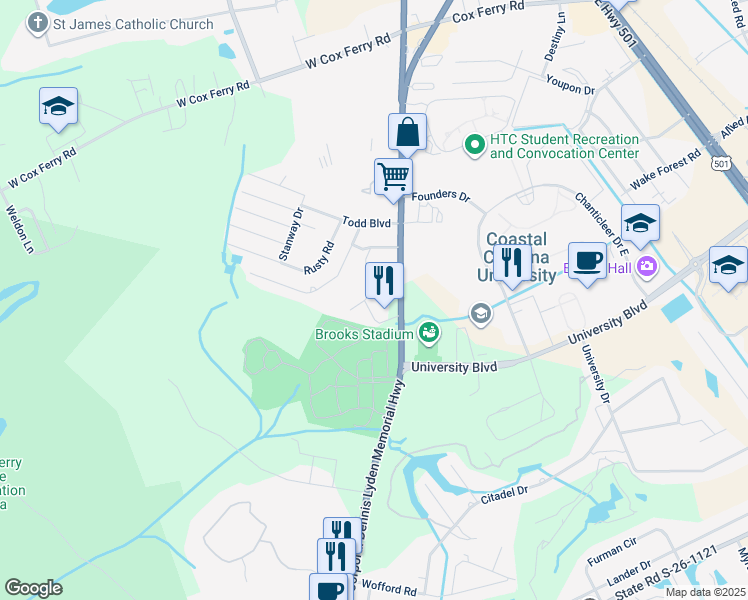 map of restaurants, bars, coffee shops, grocery stores, and more near 830 South Carolina 544 in Conway