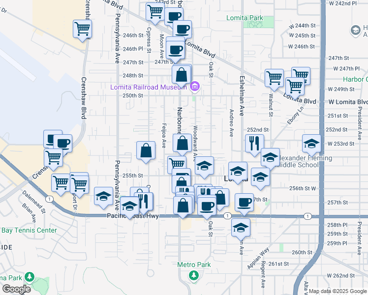 map of restaurants, bars, coffee shops, grocery stores, and more near 25332 Narbonne Avenue in Lomita