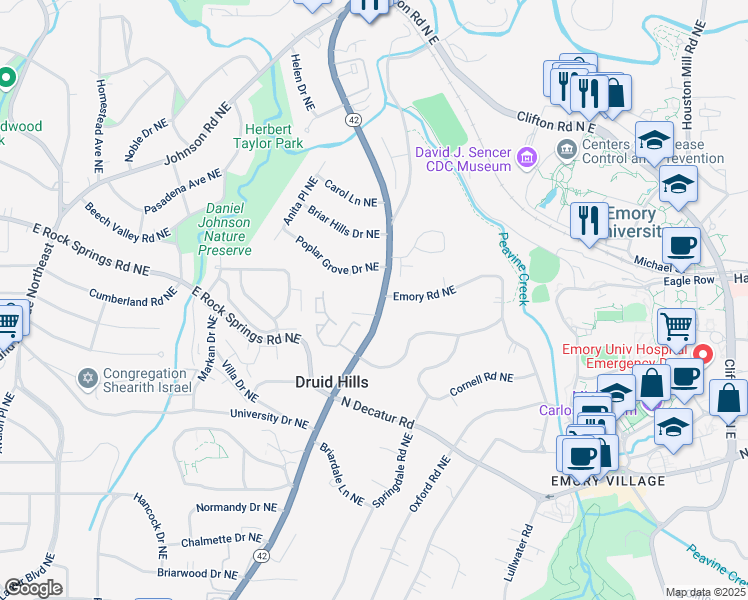 map of restaurants, bars, coffee shops, grocery stores, and more near 1460 Briarcliff Road Northeast in Atlanta