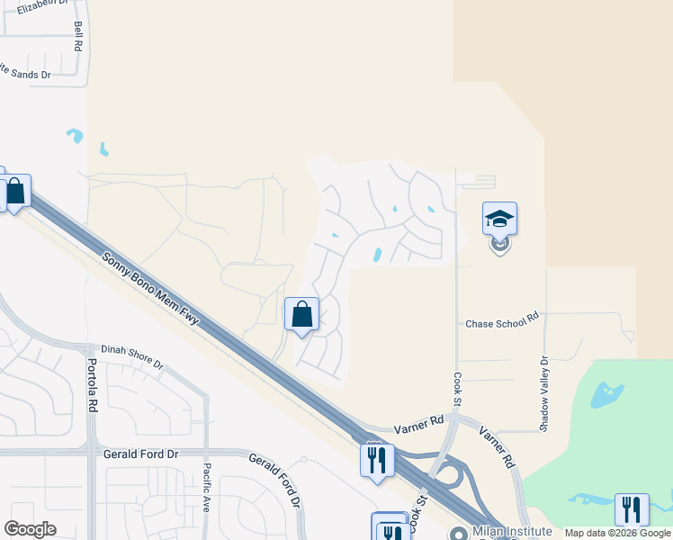 map of restaurants, bars, coffee shops, grocery stores, and more near 74626 Stage Line Drive in Thousand Palms