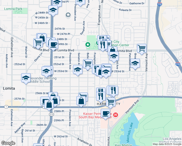 map of restaurants, bars, coffee shops, grocery stores, and more near 1345 West 253rd Street in Los Angeles