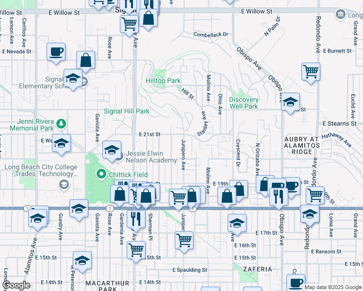 map of restaurants, bars, coffee shops, grocery stores, and more near 2055 Junipero Avenue in Signal Hill