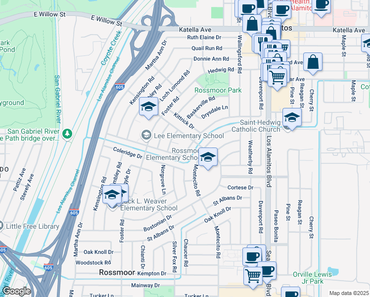 map of restaurants, bars, coffee shops, grocery stores, and more near 11571 Harrisburg Road in Los Alamitos