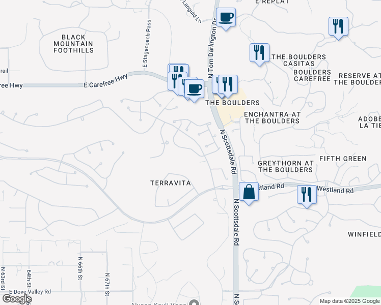 map of restaurants, bars, coffee shops, grocery stores, and more near 7035 East Canyon Wren Circle in Scottsdale