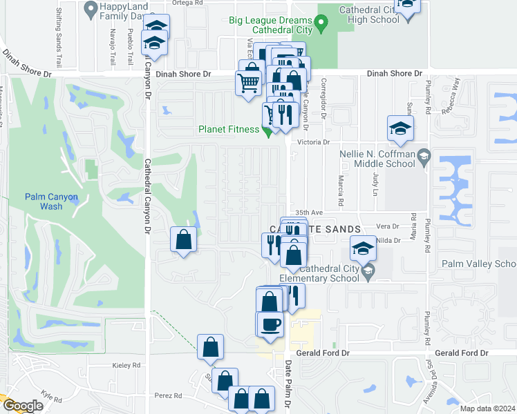 map of restaurants, bars, coffee shops, grocery stores, and more near 181 Butterfield in Cathedral City