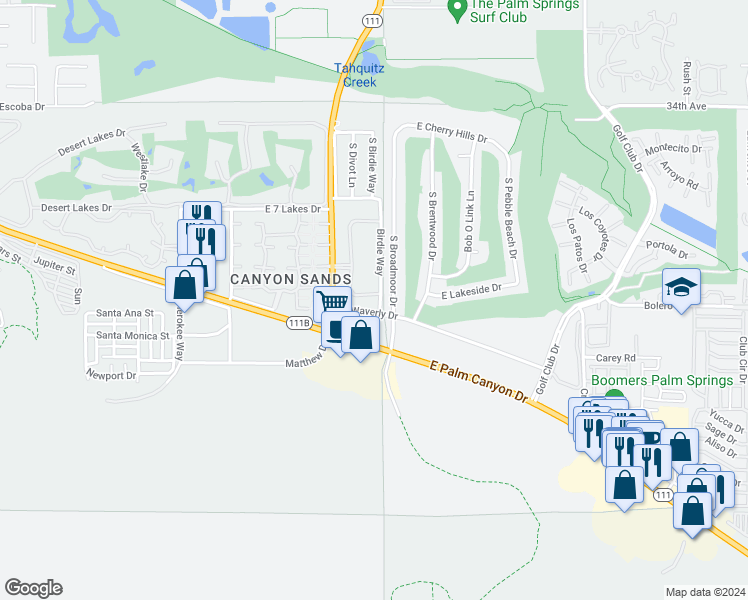 map of restaurants, bars, coffee shops, grocery stores, and more near 4881 South Winners Circle in Palm Springs