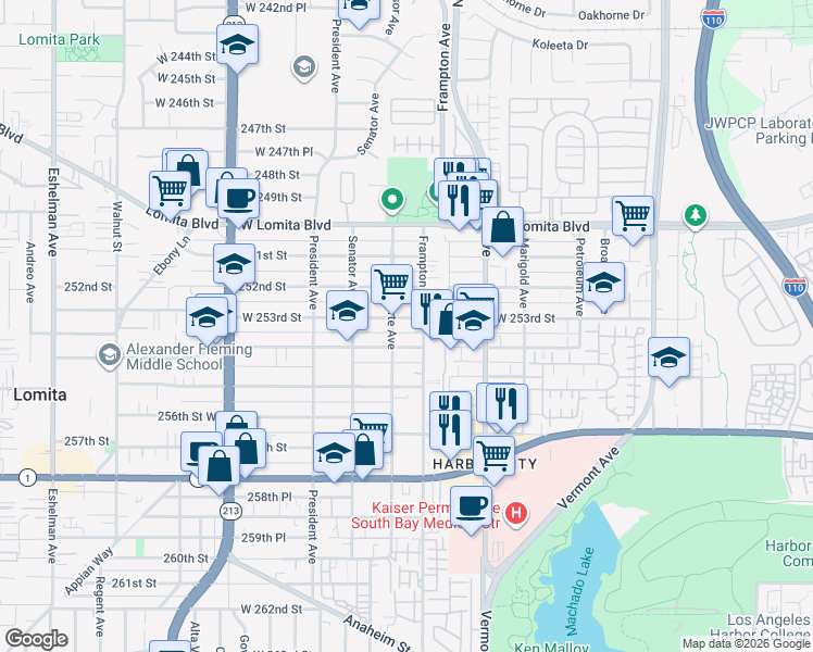 map of restaurants, bars, coffee shops, grocery stores, and more near 1344 West 253rd Street in Los Angeles