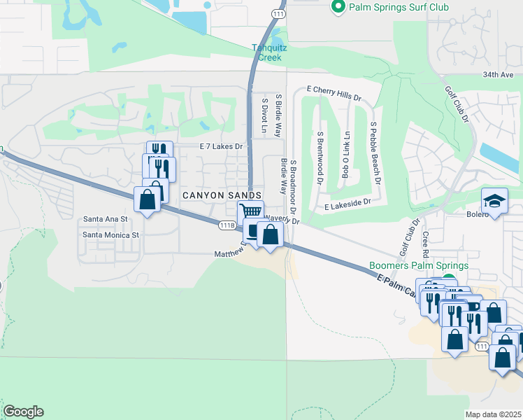 map of restaurants, bars, coffee shops, grocery stores, and more near 4751 South Winners Circle in Palm Springs