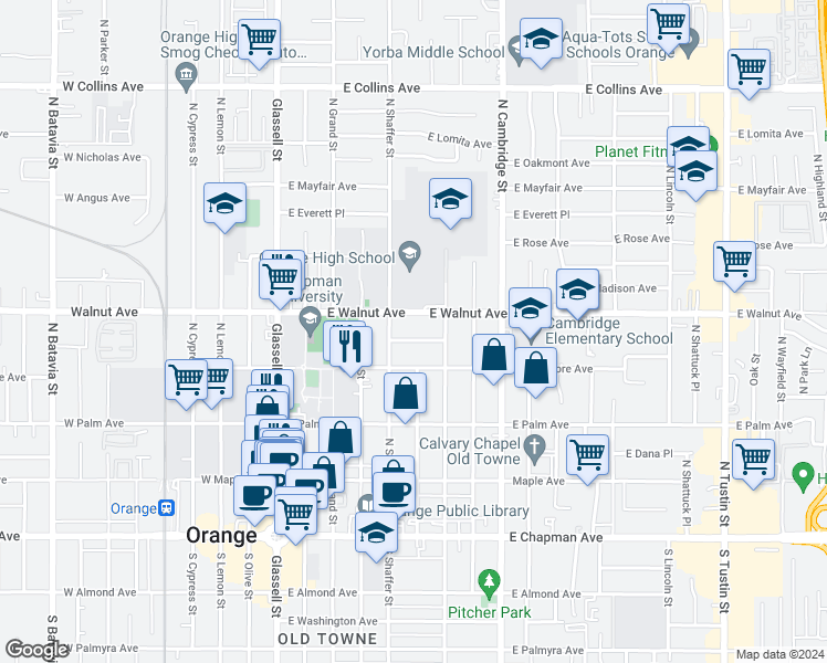 map of restaurants, bars, coffee shops, grocery stores, and more near 604 East Walnut Avenue in Orange