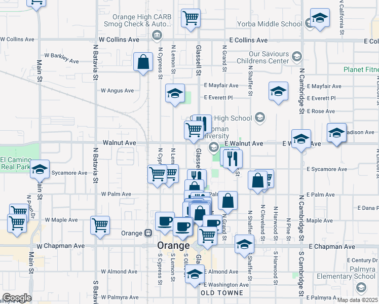 map of restaurants, bars, coffee shops, grocery stores, and more near 480 North Glassell Street in Orange