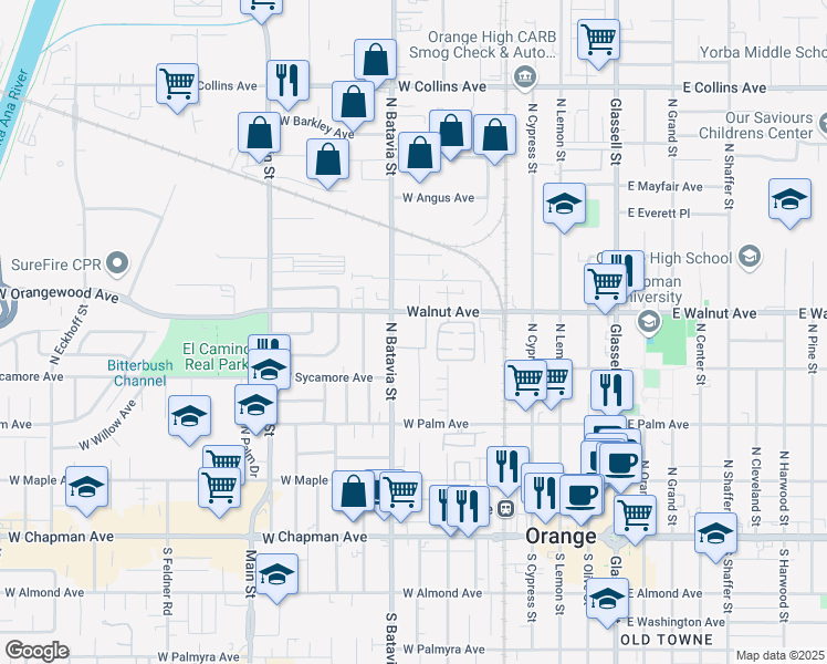 map of restaurants, bars, coffee shops, grocery stores, and more near 820 West Walnut Avenue in Orange