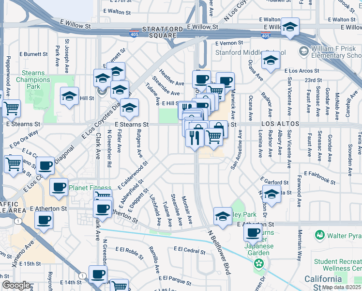 map of restaurants, bars, coffee shops, grocery stores, and more near 2134 Montair Avenue in Long Beach