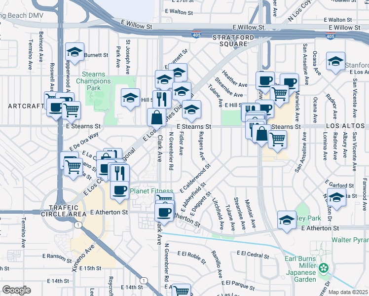 map of restaurants, bars, coffee shops, grocery stores, and more near 2137 Fidler Avenue in Long Beach