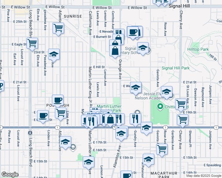 map of restaurants, bars, coffee shops, grocery stores, and more near 2095 Cerritos Avenue in Long Beach