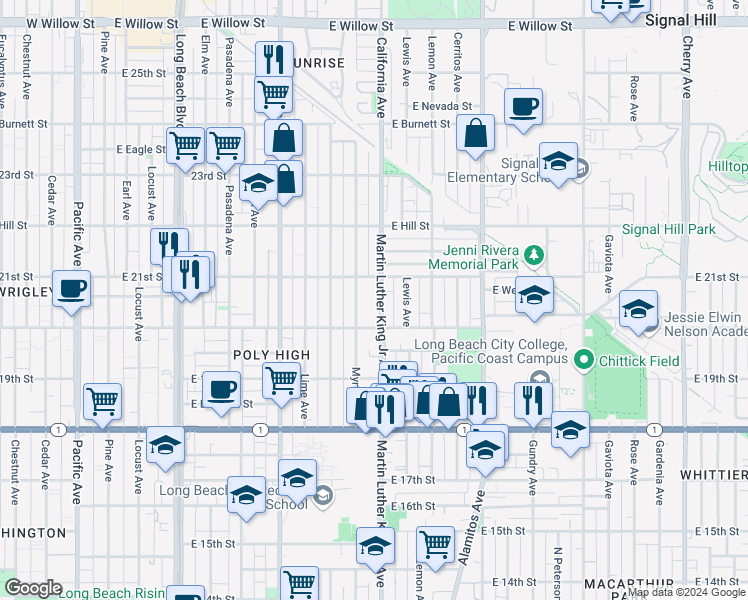 map of restaurants, bars, coffee shops, grocery stores, and more near 1004 East 21st Street in Long Beach