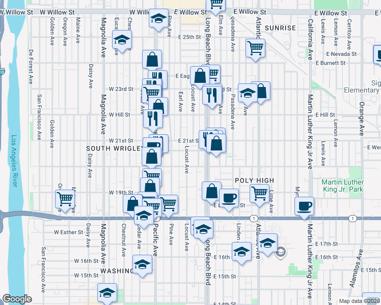map of restaurants, bars, coffee shops, grocery stores, and more near 2070 Locust Avenue in Long Beach