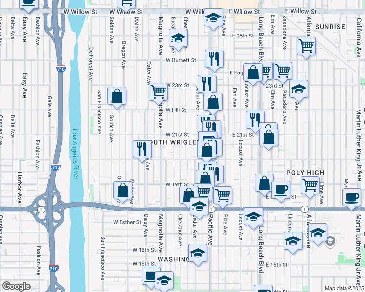 map of restaurants, bars, coffee shops, grocery stores, and more near 2084 Chestnut Avenue in Long Beach