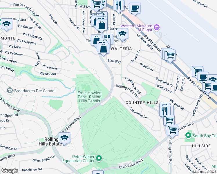 map of restaurants, bars, coffee shops, grocery stores, and more near 25535 Hawthorne Boulevard in Torrance