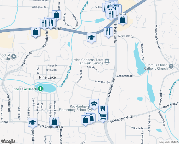 map of restaurants, bars, coffee shops, grocery stores, and more near 4659 Aberdeen Lane in Stone Mountain