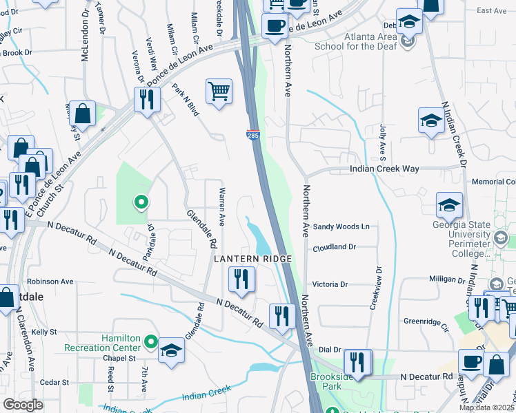 map of restaurants, bars, coffee shops, grocery stores, and more near 3534 Lantern View Lane in Scottdale