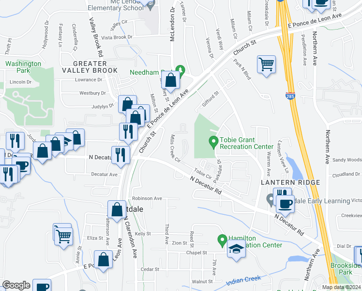map of restaurants, bars, coffee shops, grocery stores, and more near 3074 Tobie Cir in Scottdale