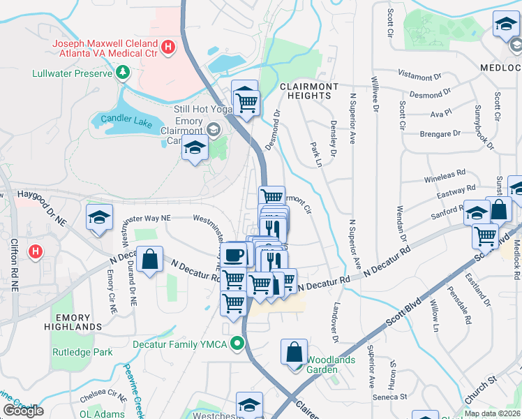 map of restaurants, bars, coffee shops, grocery stores, and more near 639 Brennan Drive in Decatur