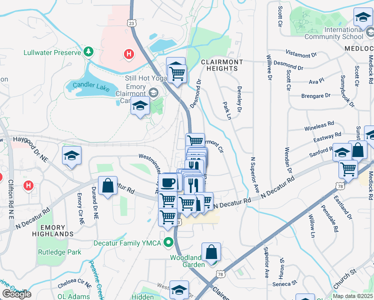 map of restaurants, bars, coffee shops, grocery stores, and more near 623 Brennan Drive in Decatur