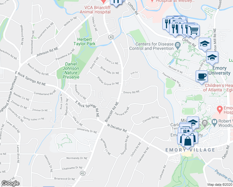 map of restaurants, bars, coffee shops, grocery stores, and more near 1460 Briarcliff Road Northeast in Atlanta