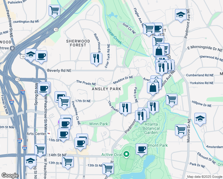 map of restaurants, bars, coffee shops, grocery stores, and more near 27 Maddox Drive Northeast in Atlanta